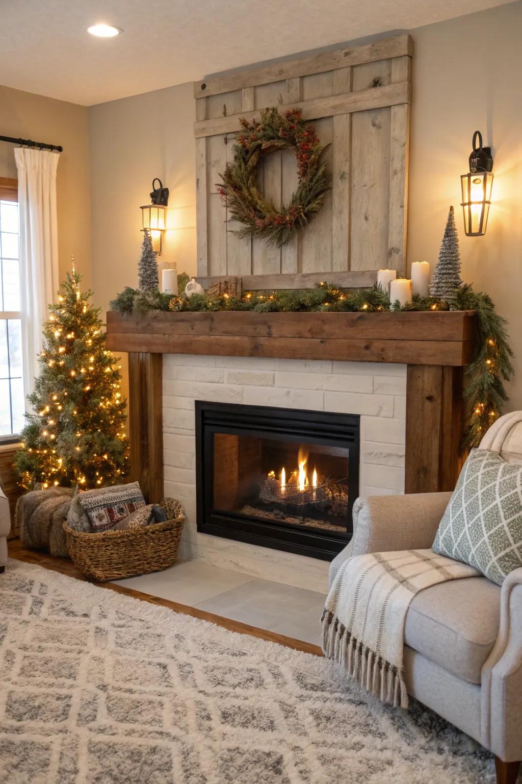 A reclaimed wood mantel adds charm to any fireplace.