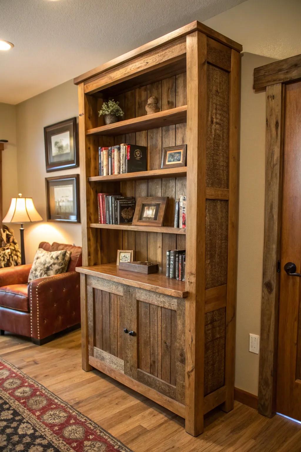 Transform your study with a reclaimed wood bookshelf that adds warmth and character.