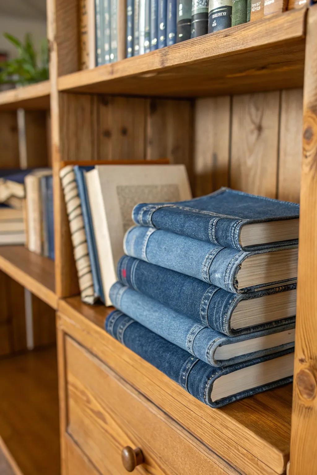 Durable book covers made from recycled denim add a touch of style.