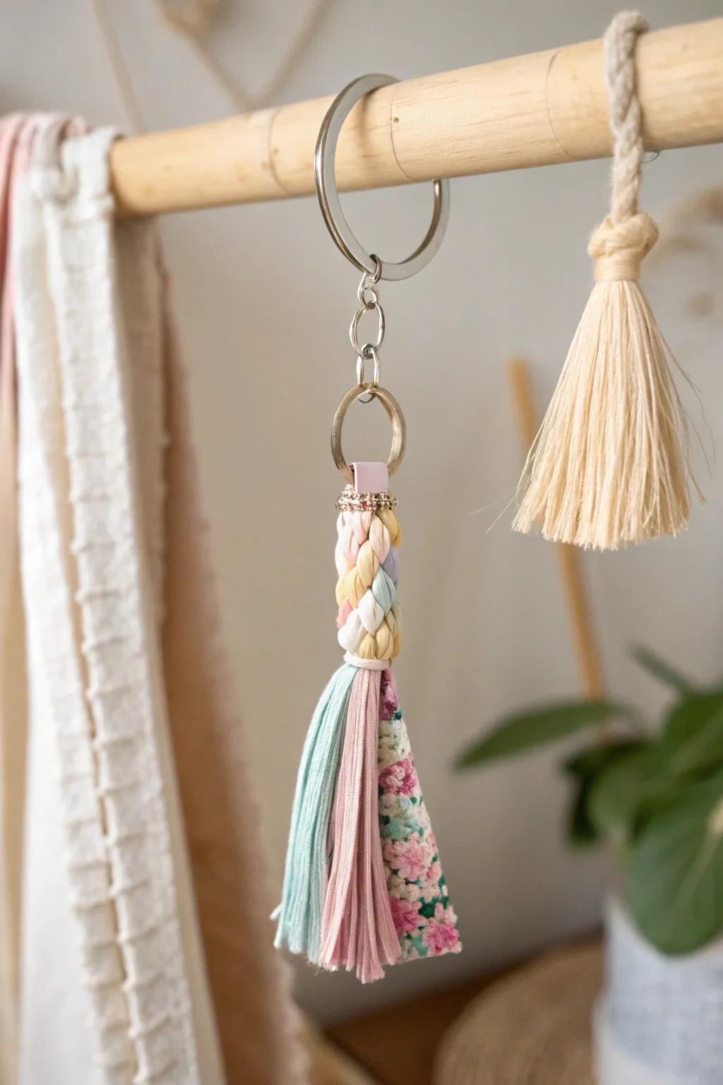 Transform fabric scraps into charming keychains that blend minimalism with boho elegance.