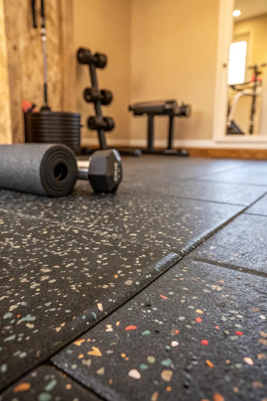 Elevate your home gym with sustainable style: durable, eco-friendly rubber flooring that stands up to every workout.