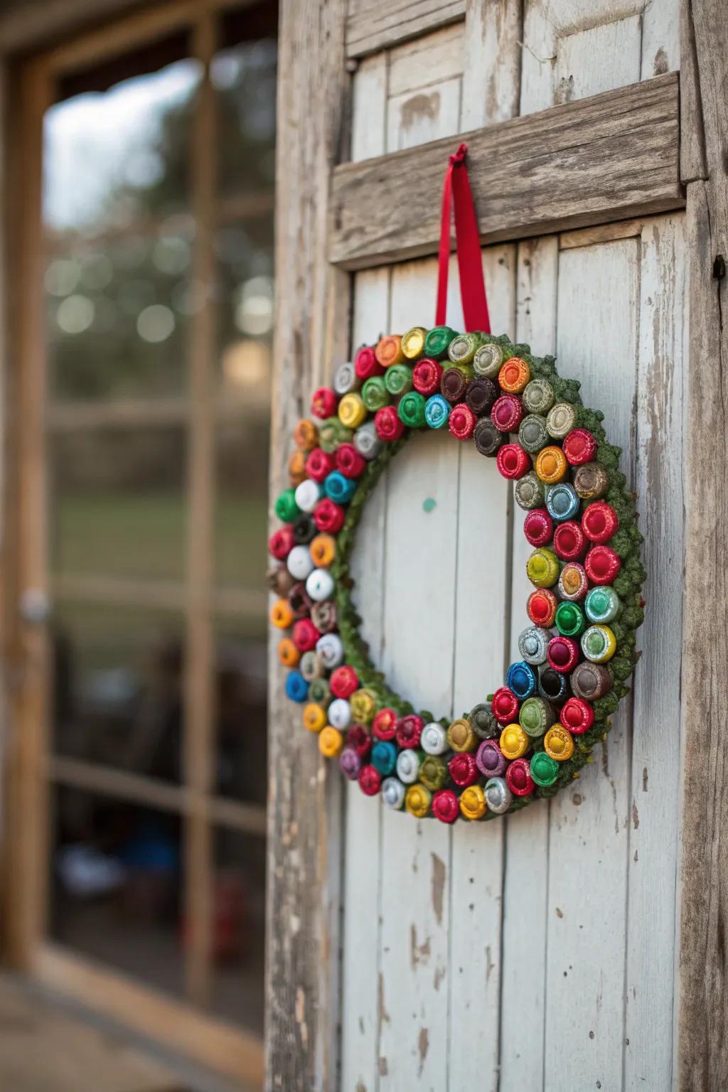 A recycled bottle cap wreath welcomes guests with creative flair.