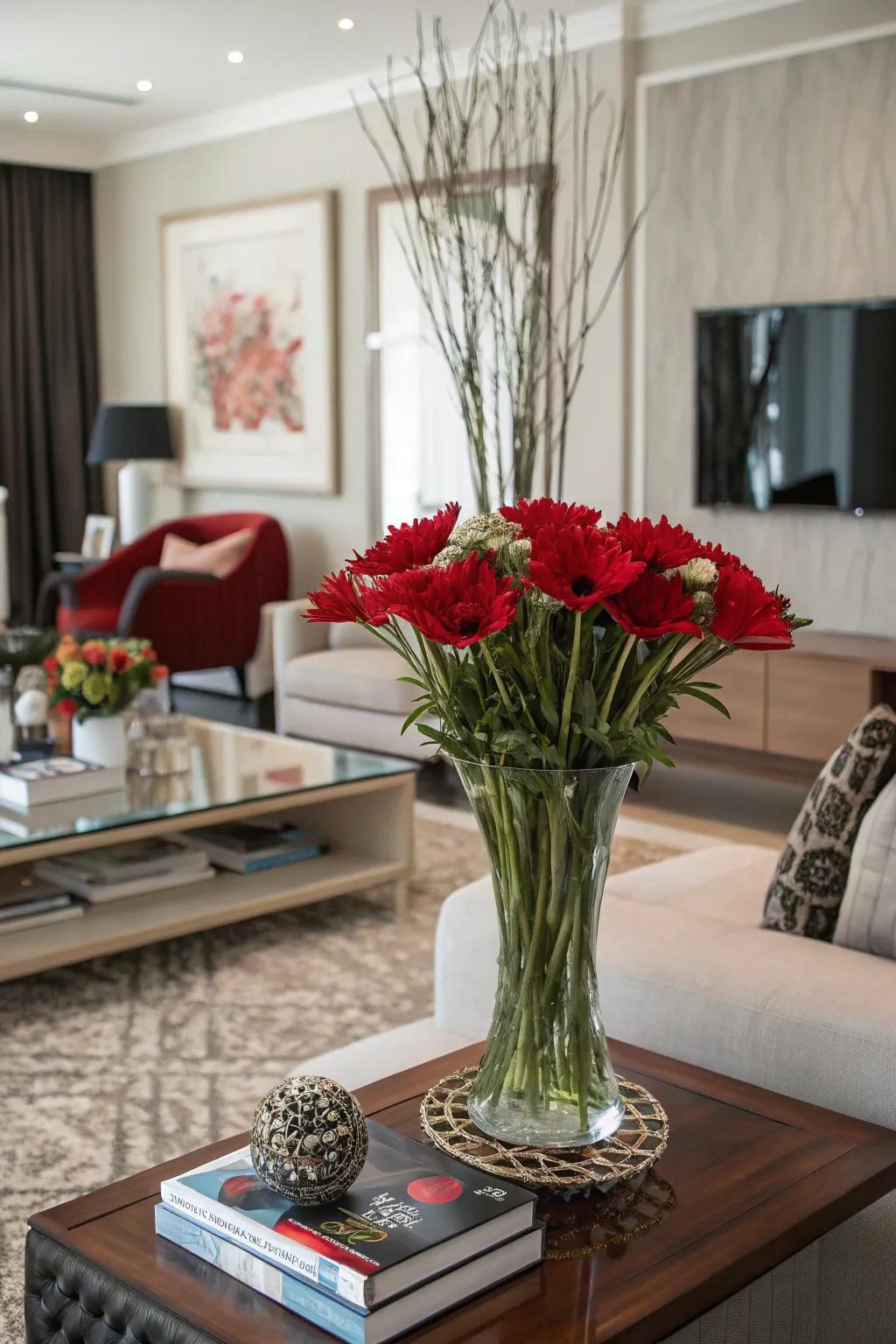 Red flowers add a fresh and vibrant touch.