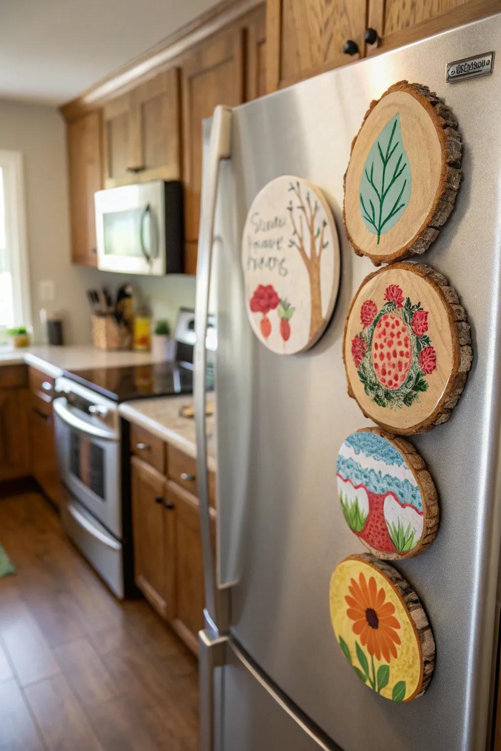 Wood slice magnets bring a touch of nature to your refrigerator.