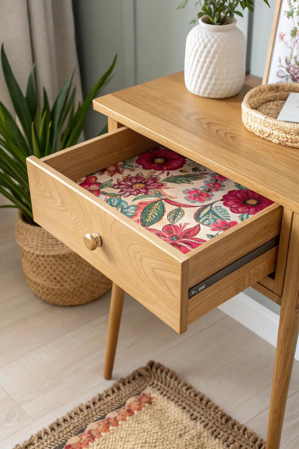 Discover joy in the details with a surprise pop of color inside your refurbished end table drawer.