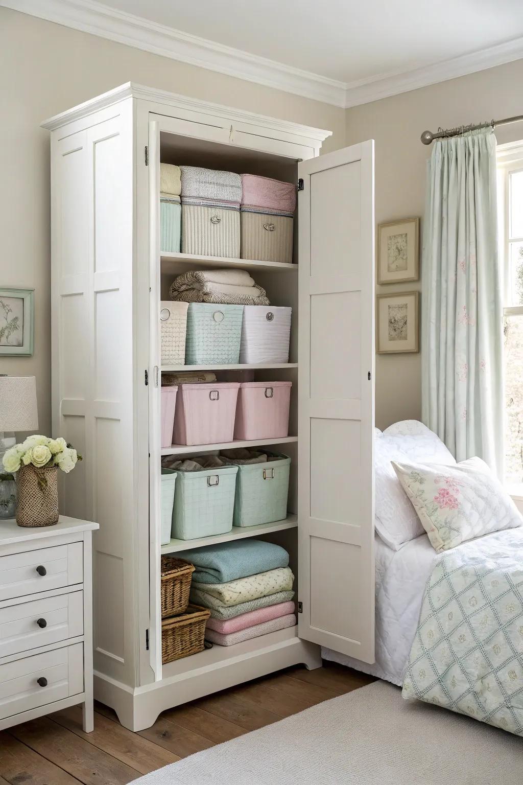 A linen storage armoire adds both beauty and functionality to a bedroom.