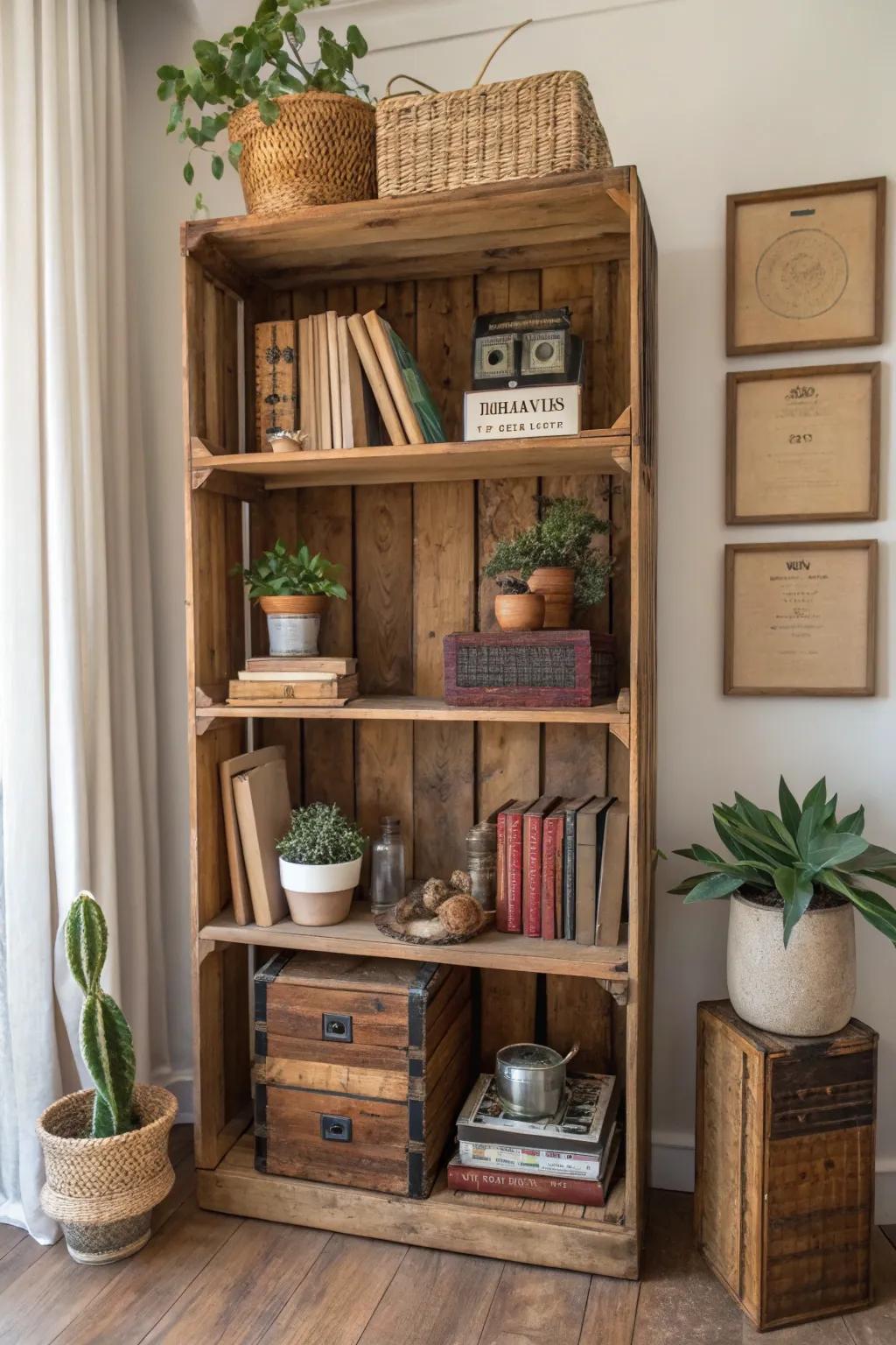Transform your space with the charm of upcycled wine crates - where vintage meets minimalist elegance. 🍂📚