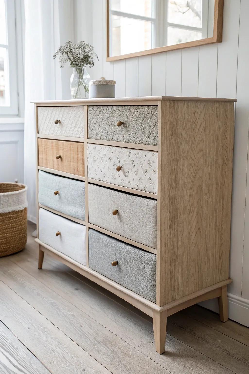 Transform your dresser with elegant fabric fronts for a touch of minimalist boho charm.