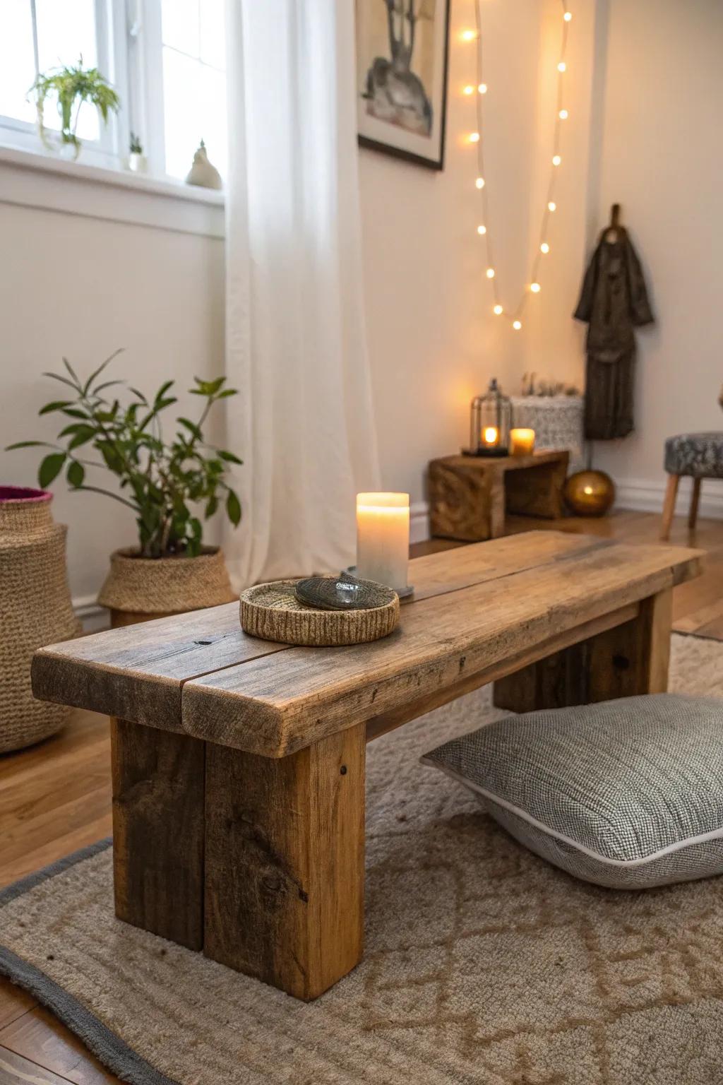 A meditation bench invites moments of reflection.