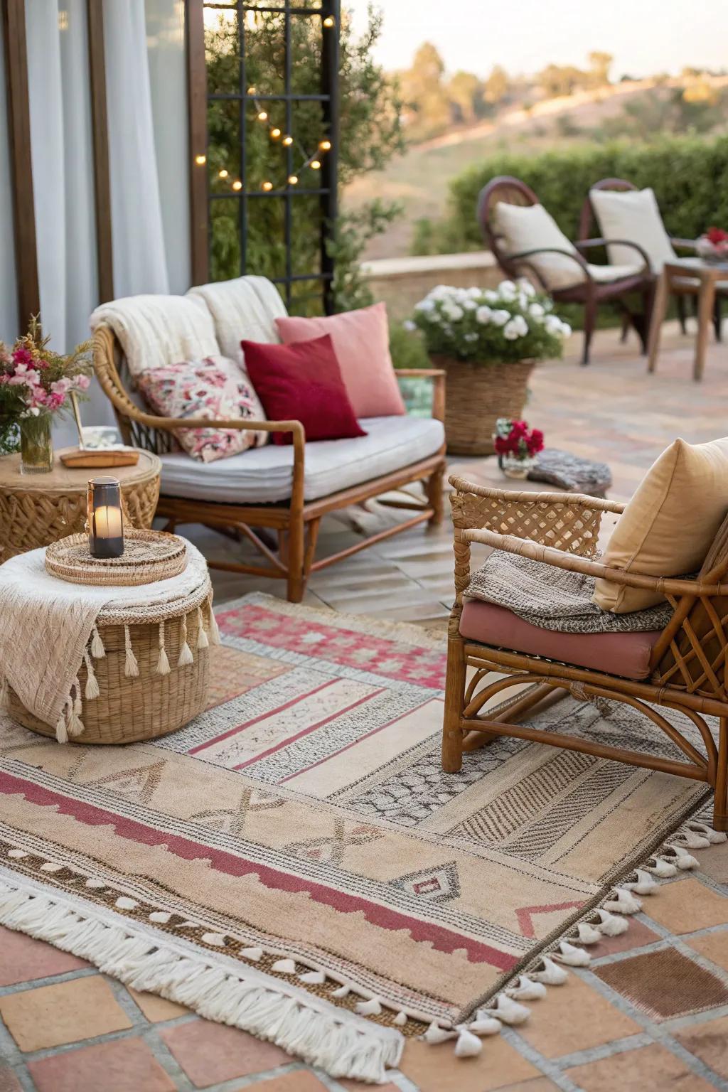 Layered rugs define spaces and add texture.