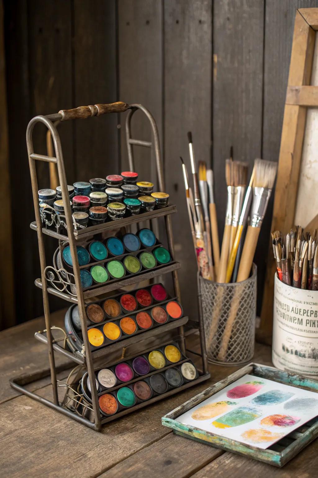 Unleash creativity with a stylishly repurposed CD rack art station.