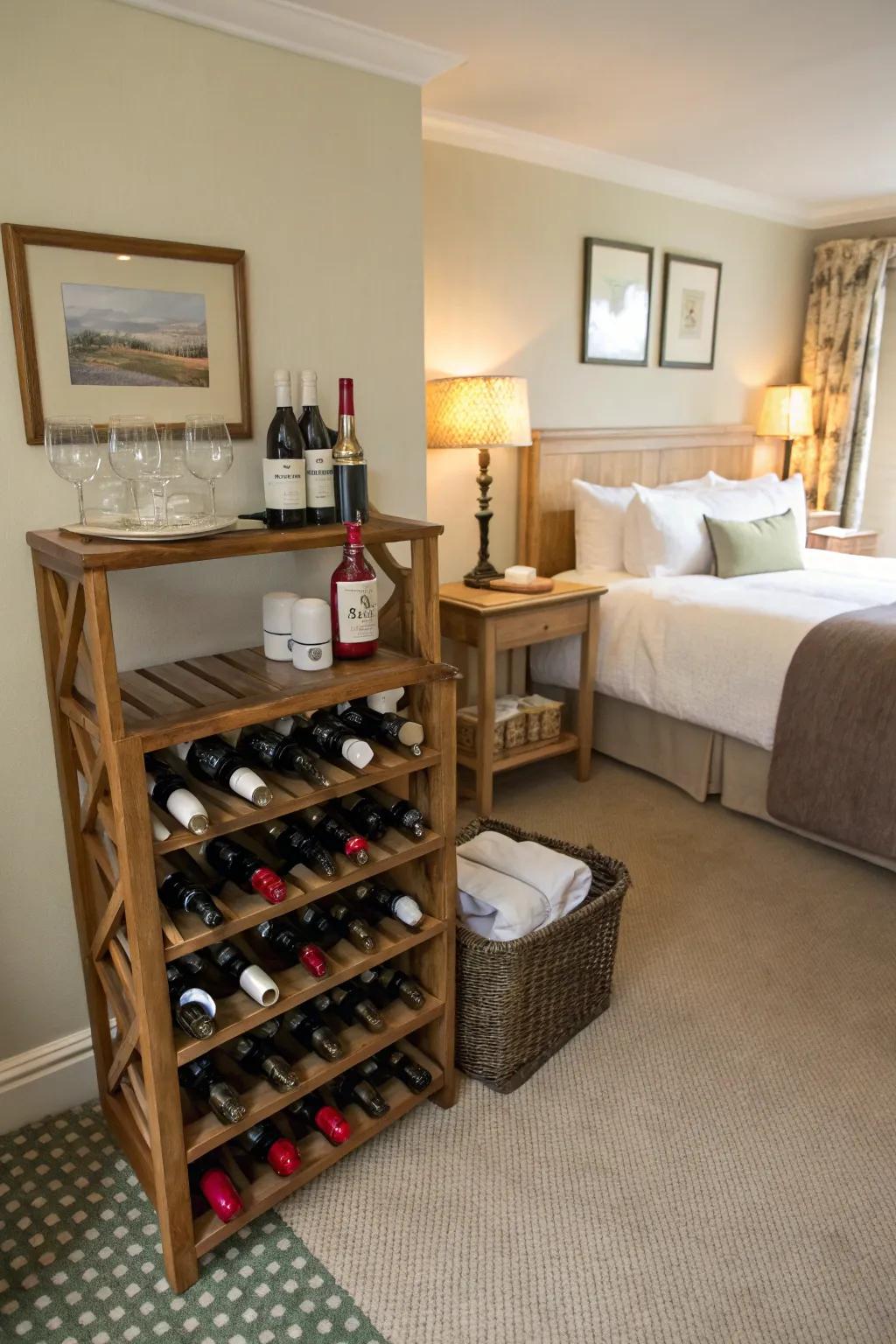 A thoughtful guest room essentials station using a wine rack.