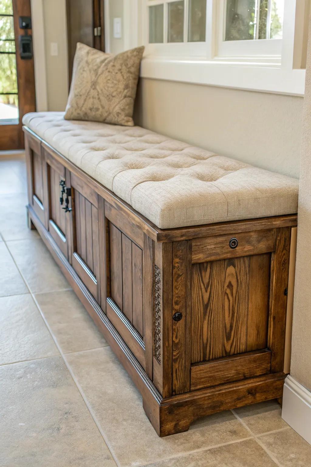 Transform your space with this chic hallway bench crafted from repurposed bifold doors, where craftsmanship meets comfort.