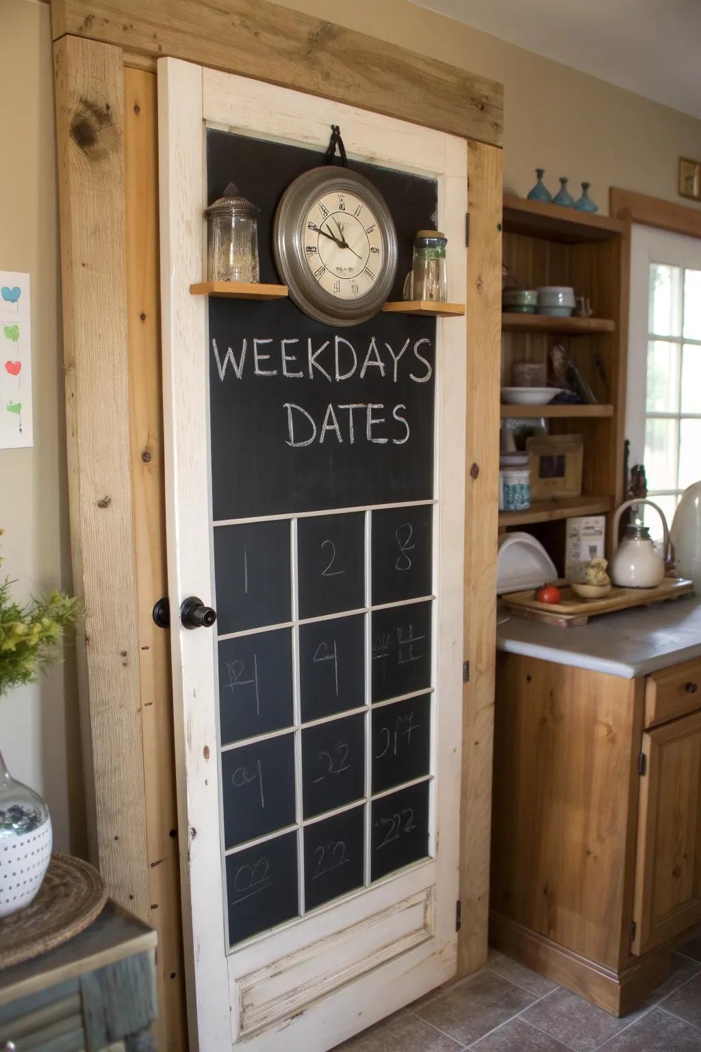 Transform tradition into organization with this stylish French door chalkboard calendar.