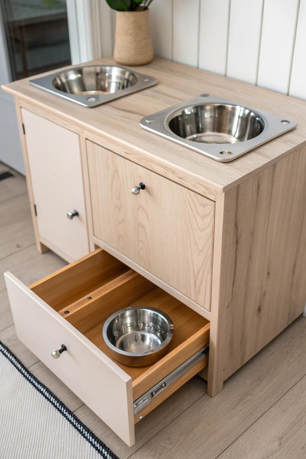 Elevate your pet's dining experience with a chic, minimalist feeding station that blends seamlessly into your kitchen decor!