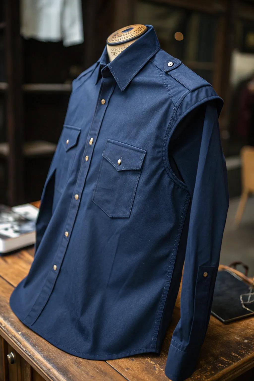Elevate your style with expertly crafted cold shoulder cuts in this rugged navy shirt.