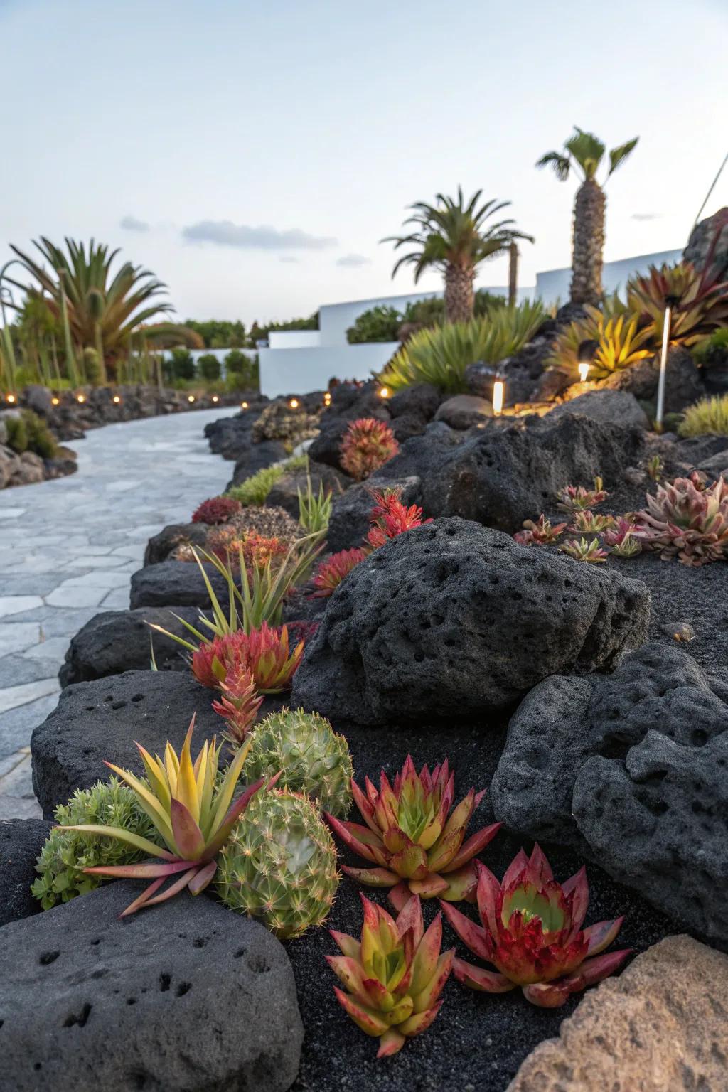 Lava rocks add bold texture and color to a rock garden.