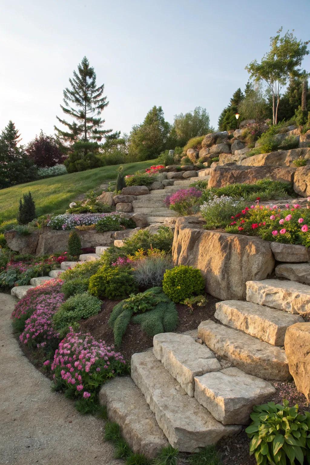 Rock terracing creates beautiful, tiered gardens on sloped terrains.