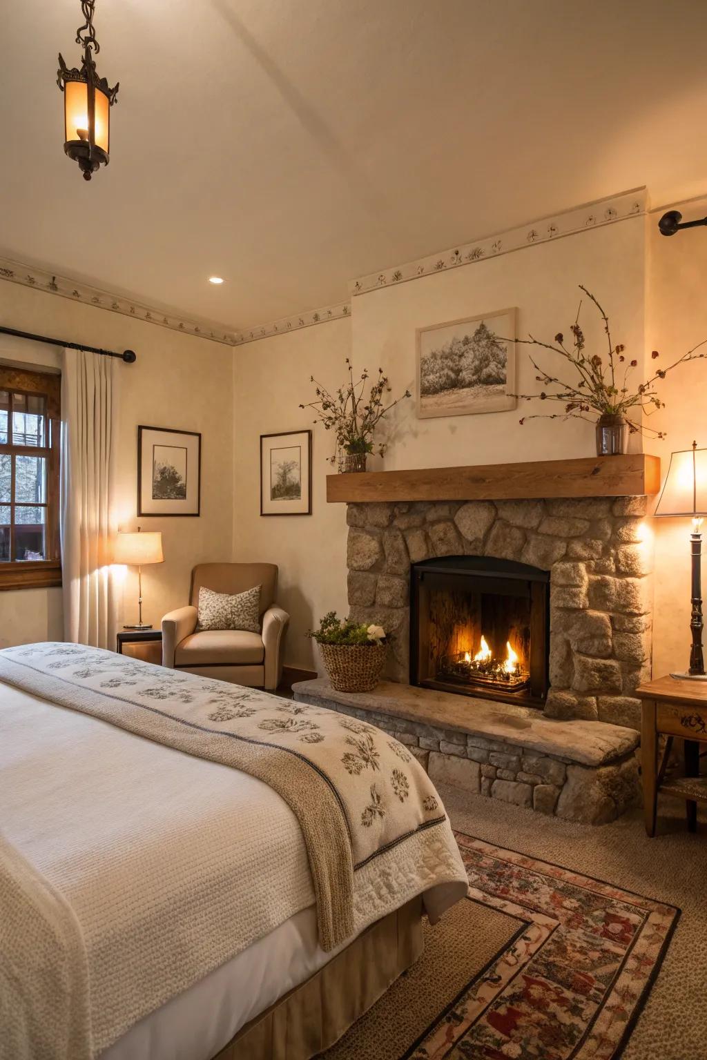 A cozy fireplace serves as a romantic focal point in the room.