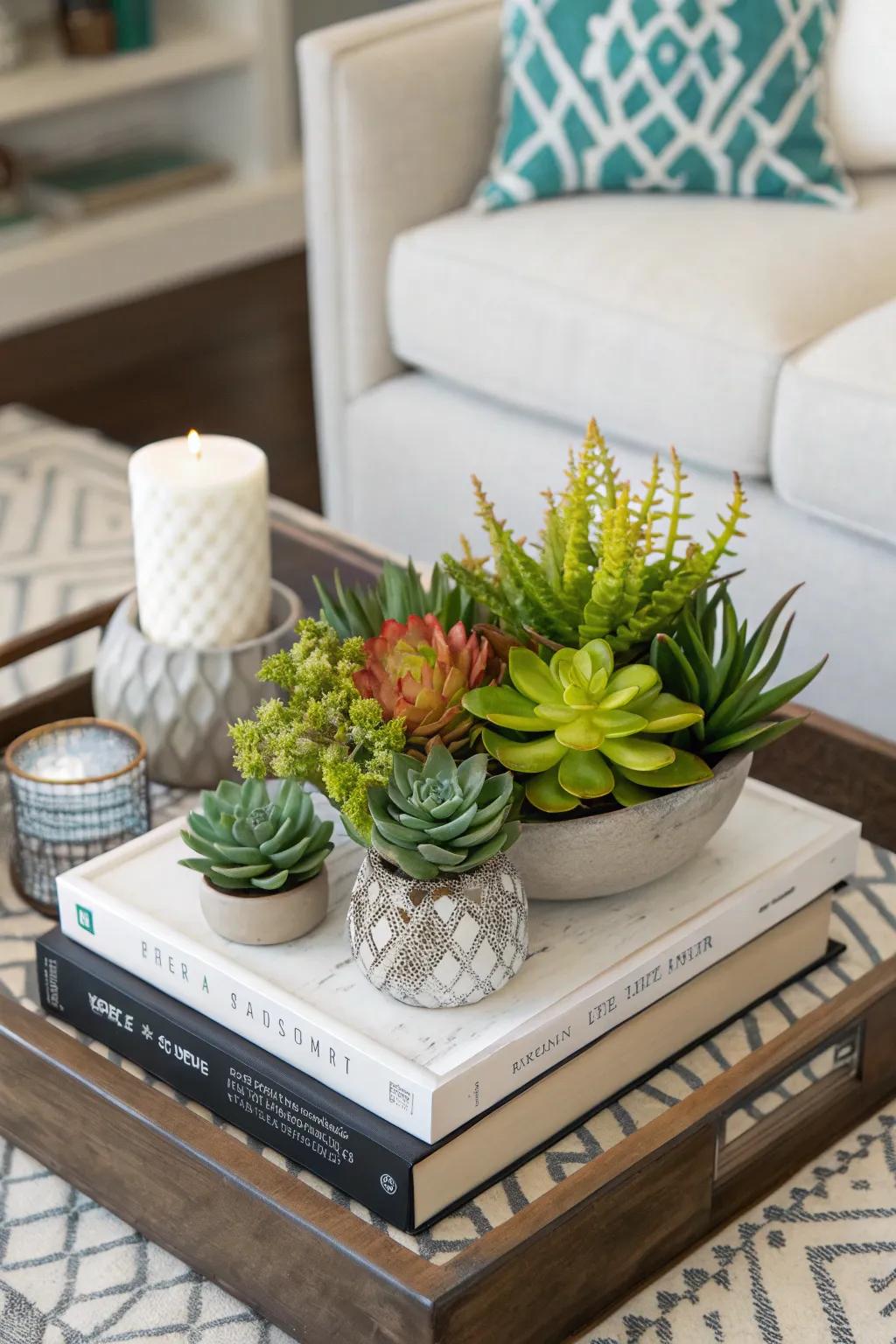 Coffee table featuring a minimalist faux succulent.