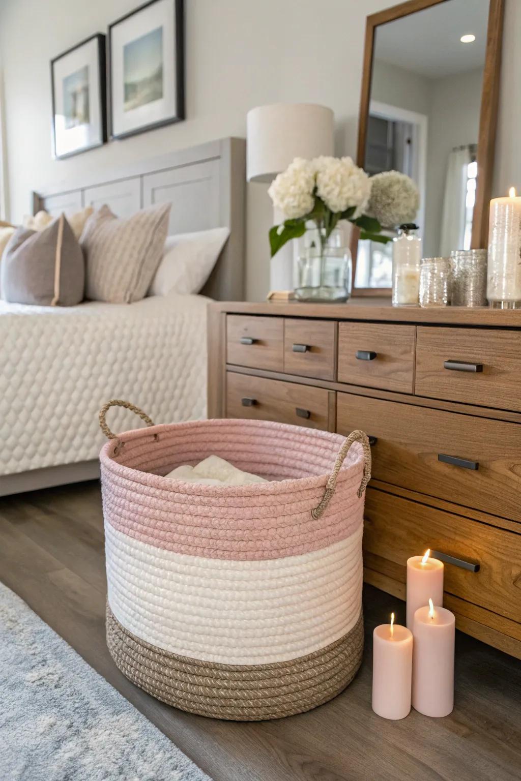 A color-dipped rope basket adds a touch of elegance.