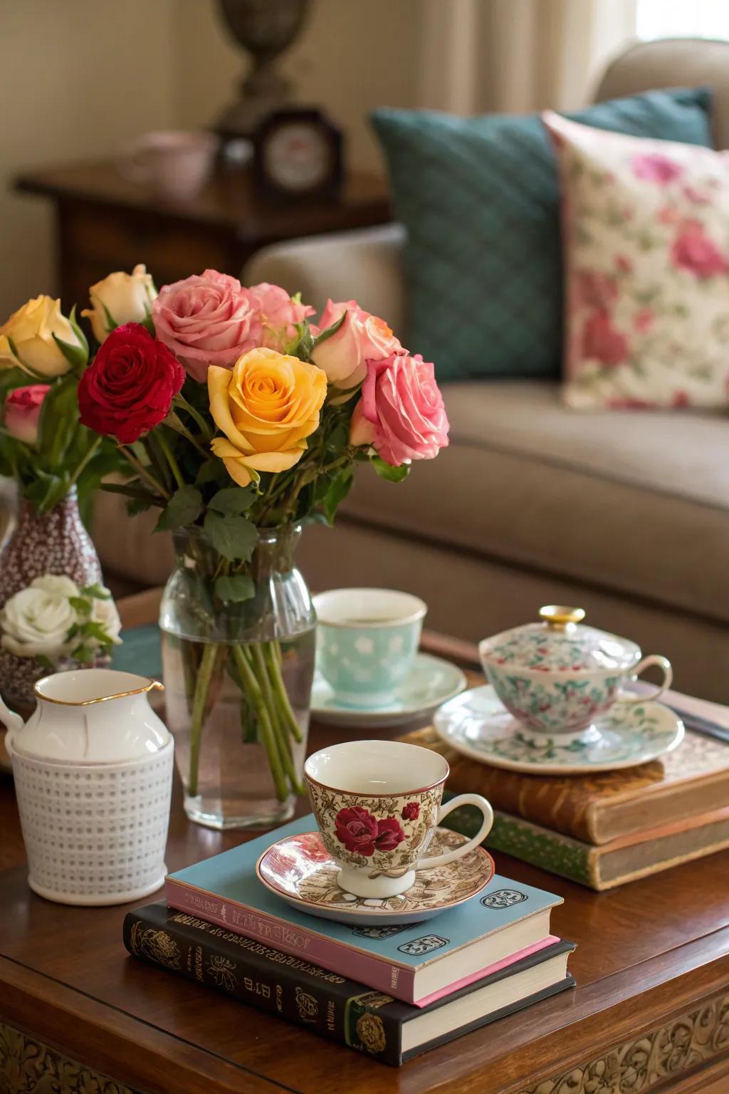 An eclectic mix of vessels showcases roses in a playful manner.