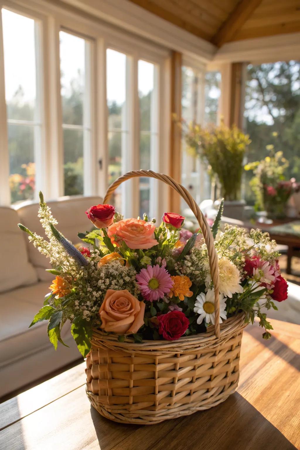 Roses and wildflowers in a basket bring a rustic, natural charm.