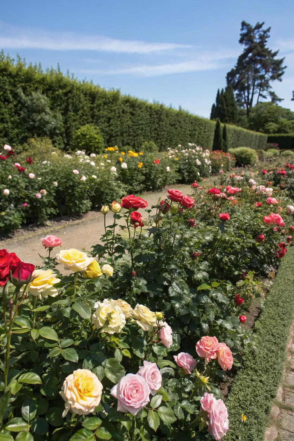 A colorful rose garden, showcasing a mix of hues.