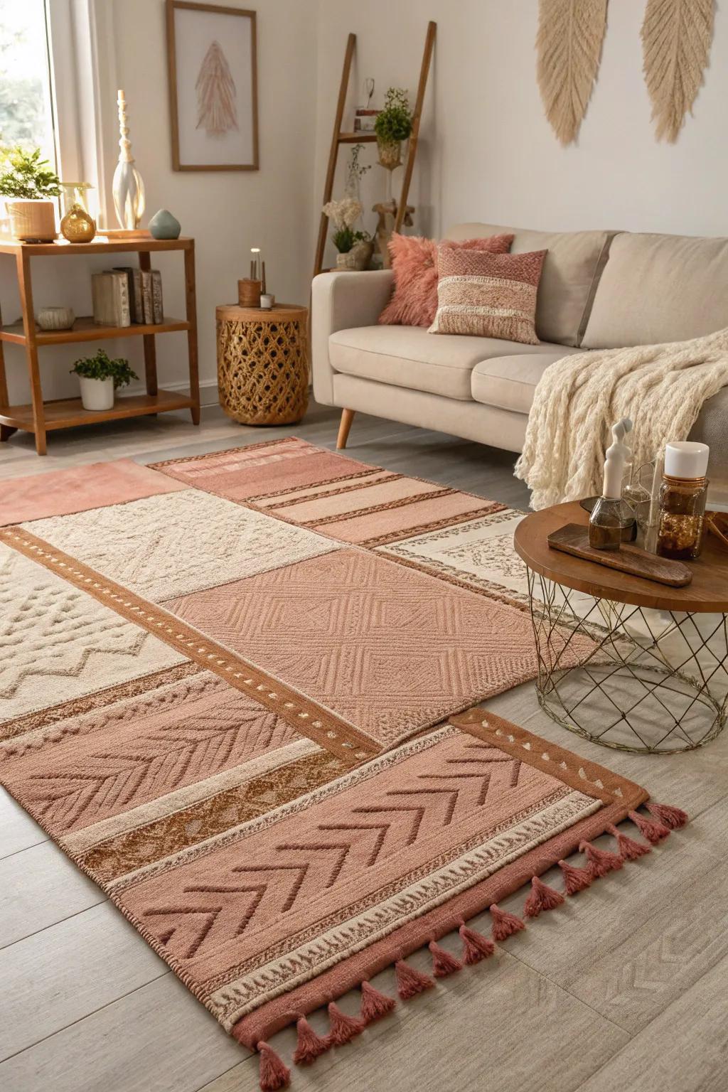 Layered rugs add depth and texture to the floor.