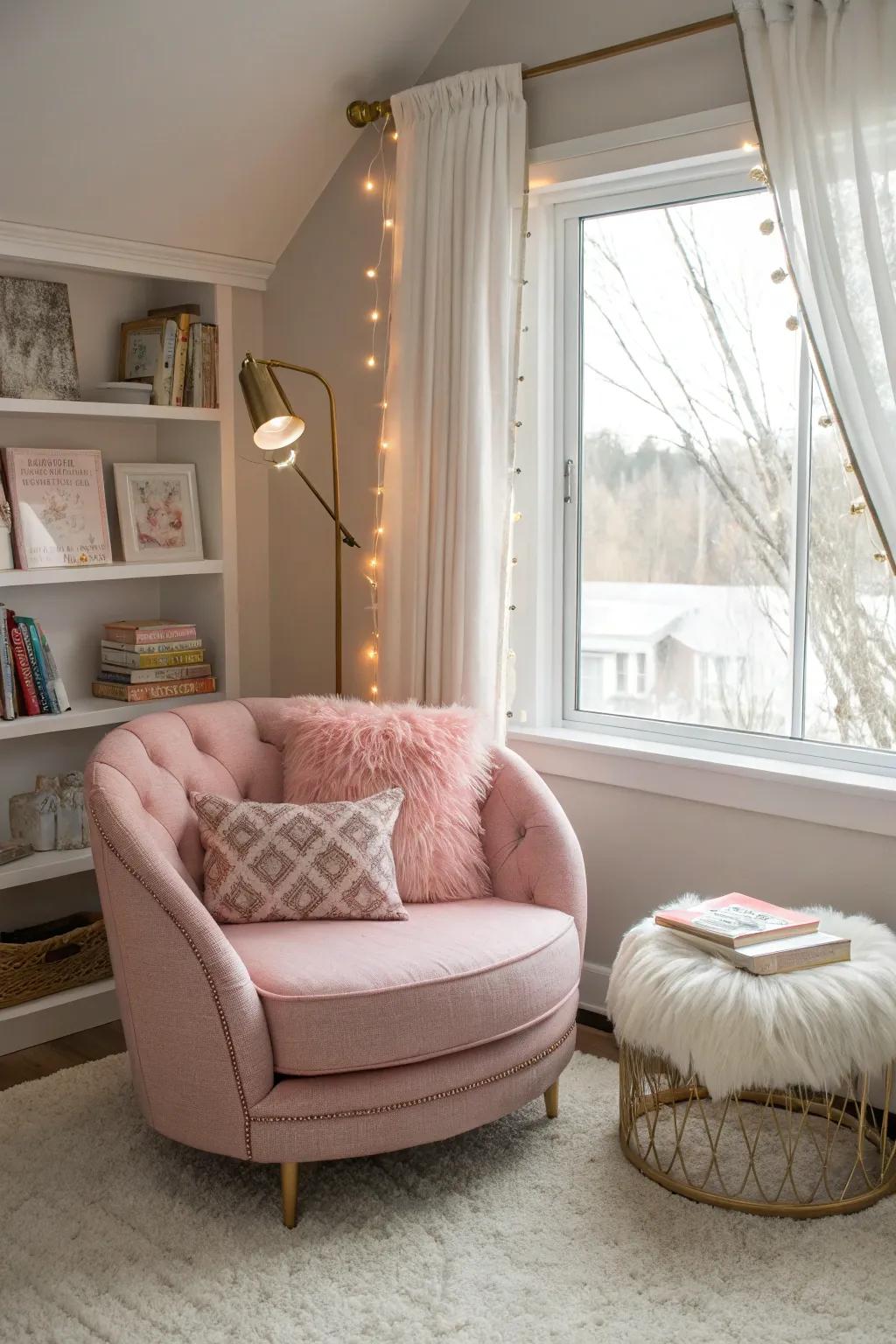 A pink accent chair for style and comfort.