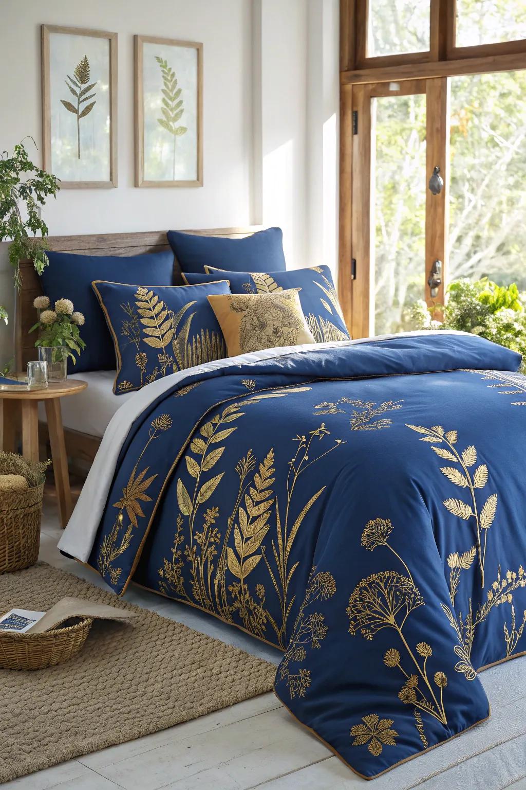 Botanical prints in royal blue and gold add a refreshing touch.