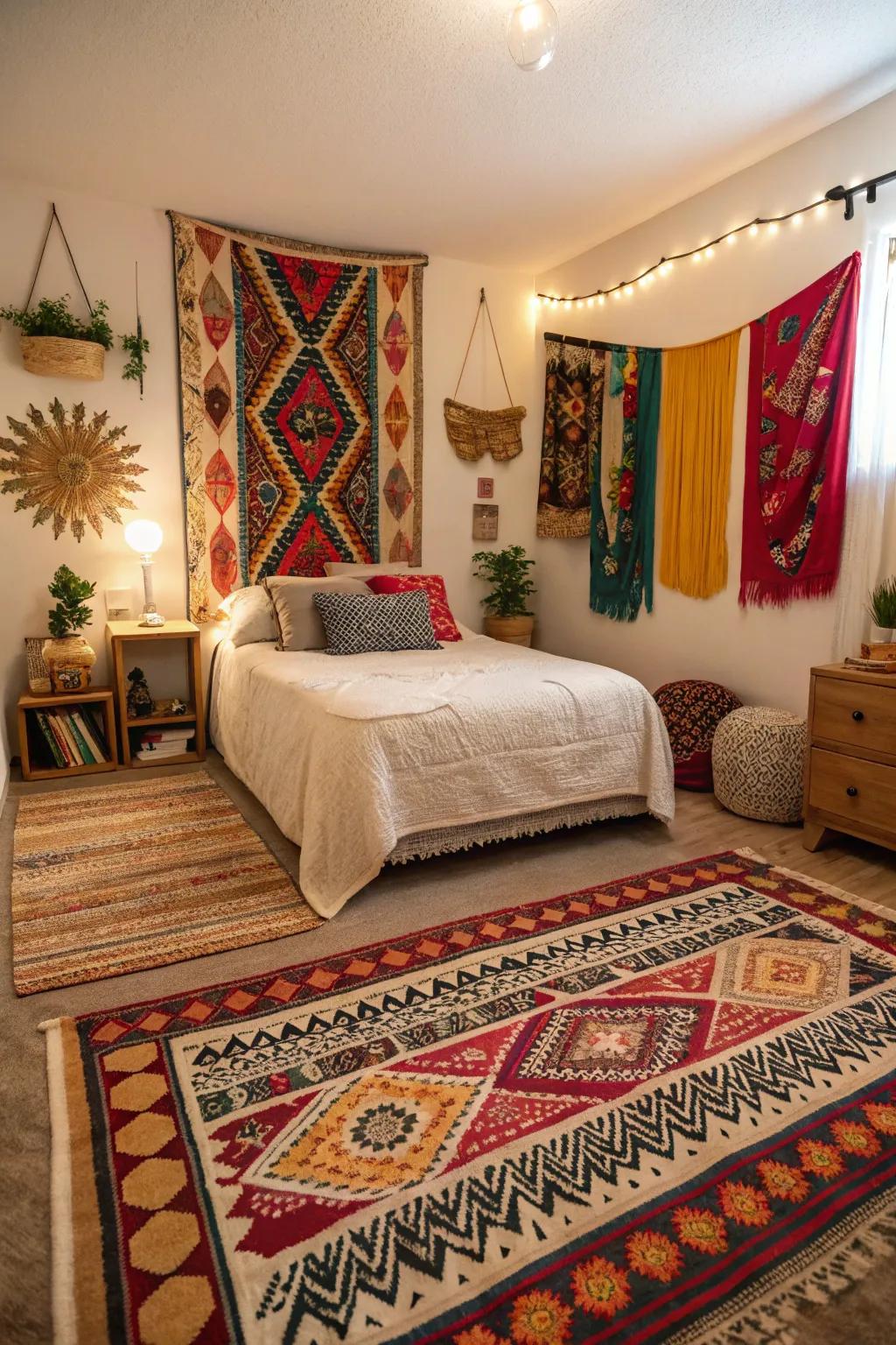 A tribal patterned rug brings cultural flair and vibrant color to a bohemian bedroom.