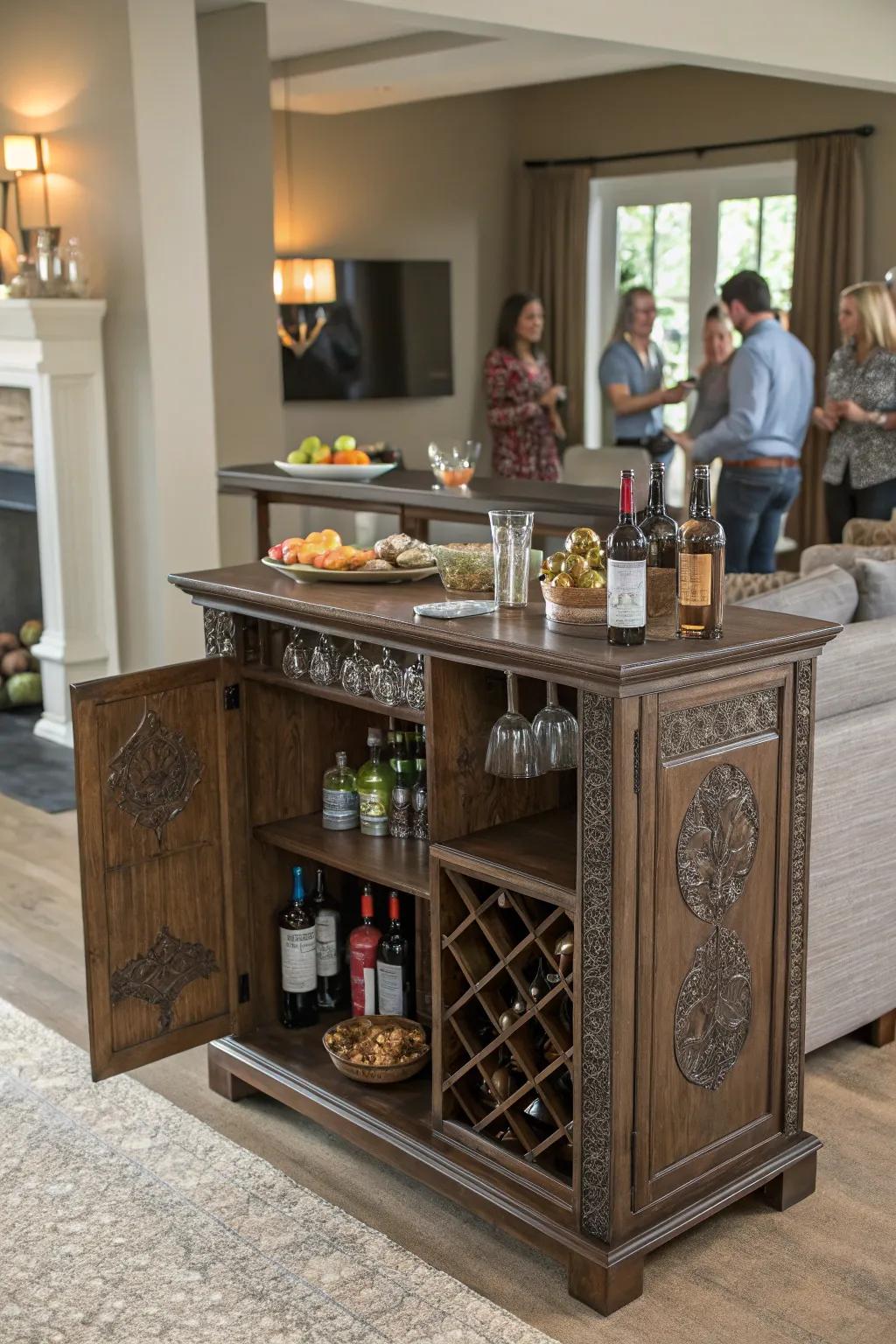 An expandable bar cabinet, ready to serve at your next gathering.