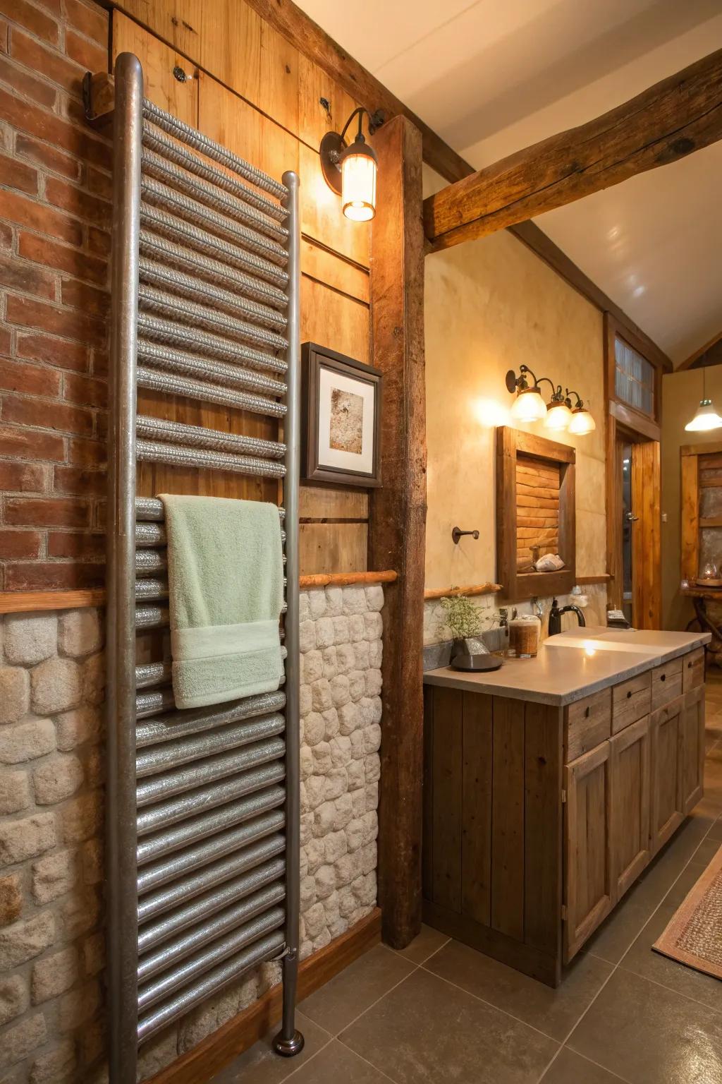 A rustic bathroom features a corrugated metal towel rack, blending function and style.