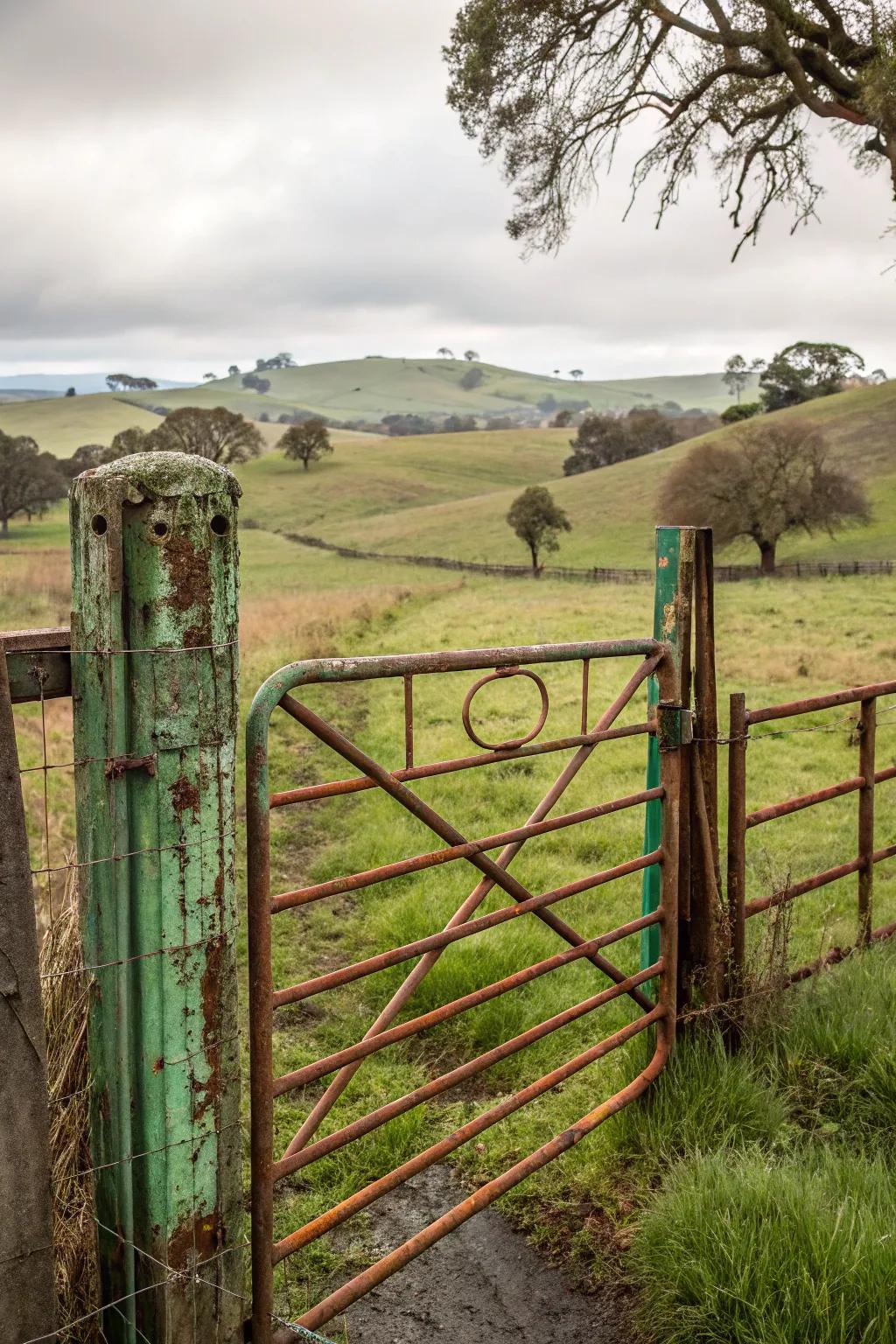 Weathered steel gates develop a unique patina over time.