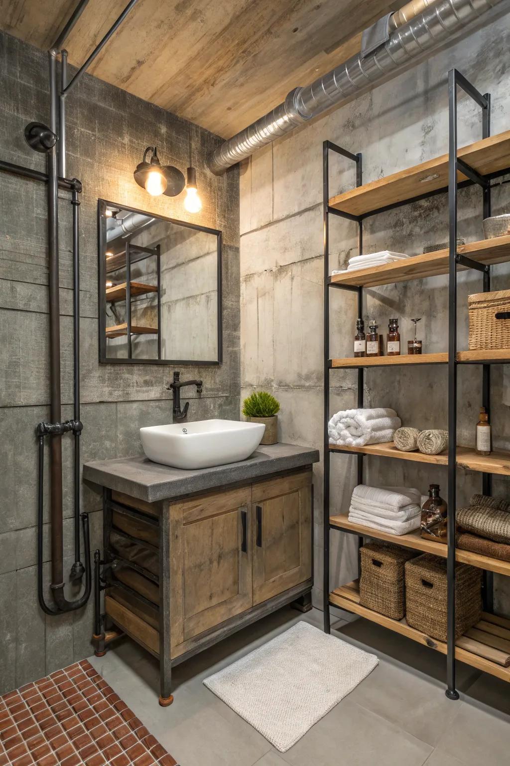 Open shelving combines style with functionality in industrial bathrooms.