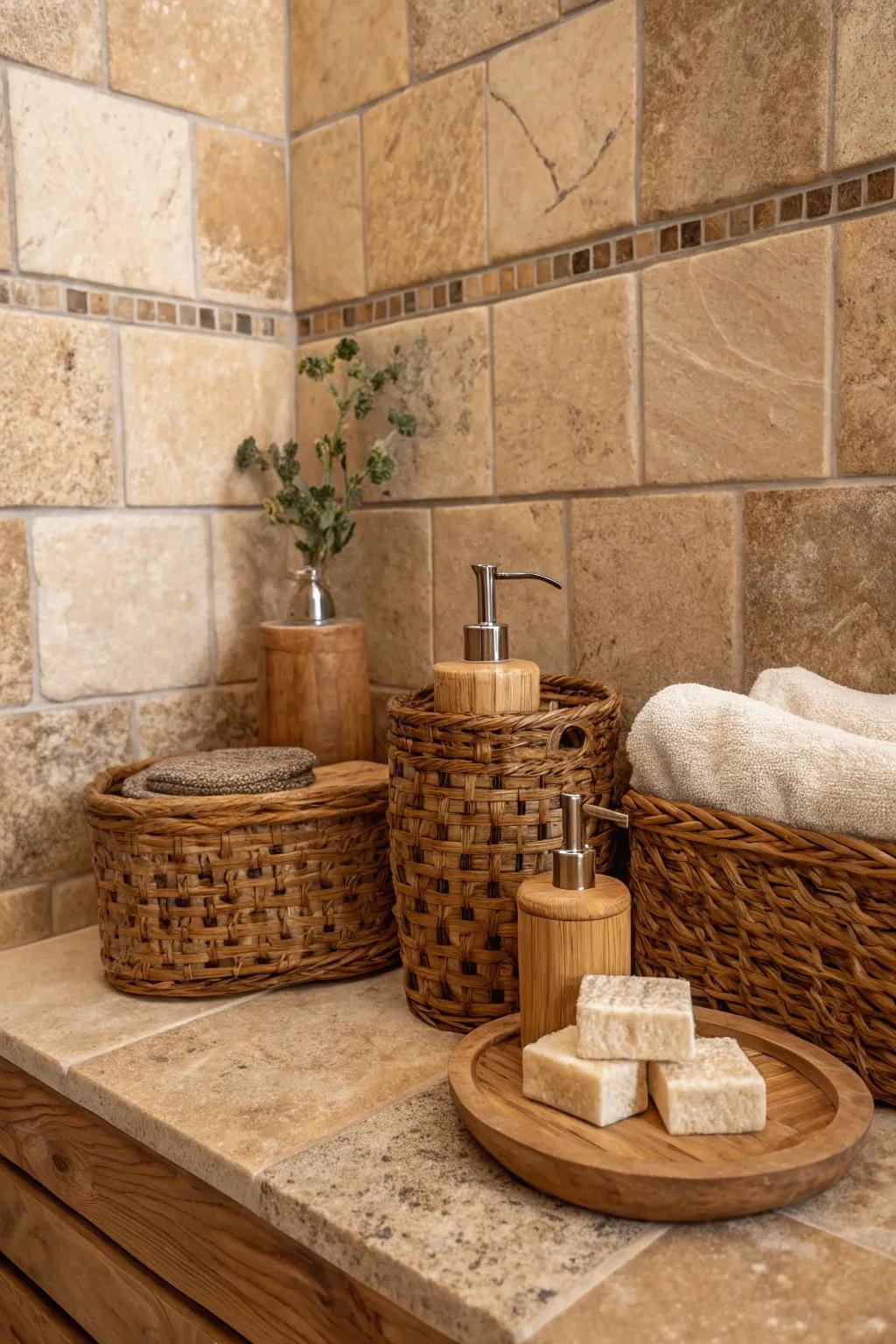 Rustic accessories can elevate the charm of a travertine bathroom.