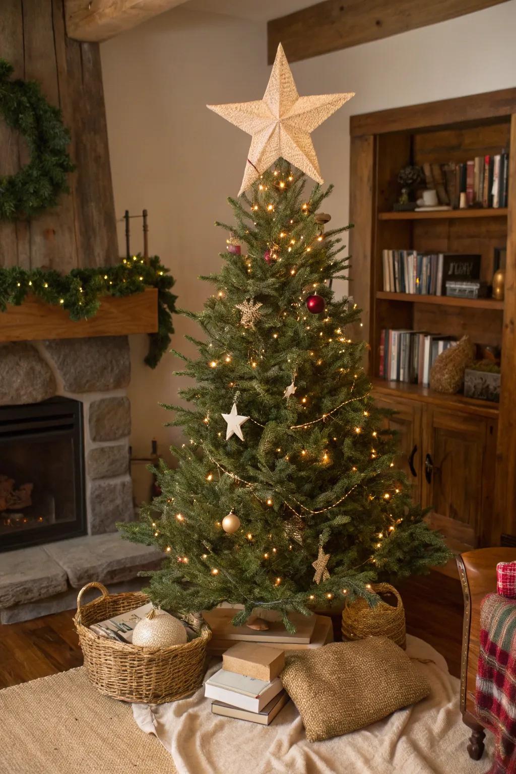 A burlap-wrapped star adds texture and warmth to the rustic Christmas tree.