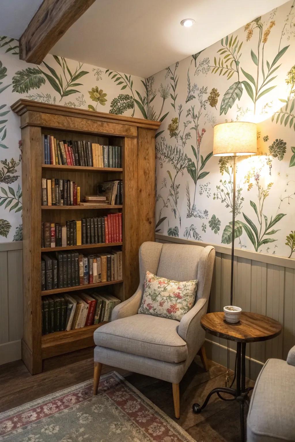 Botanical print wallpaper for a refreshing reading nook.