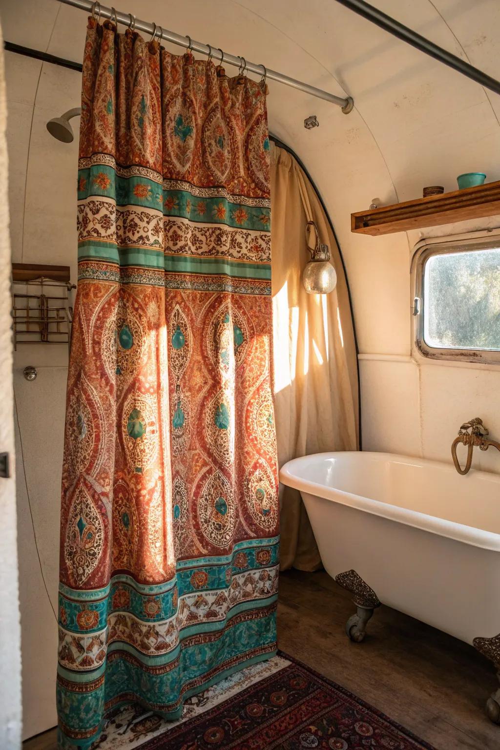 Transform your RV into a bohemian oasis with a vibrant curtain enclosure that exudes personality and artisanal charm.