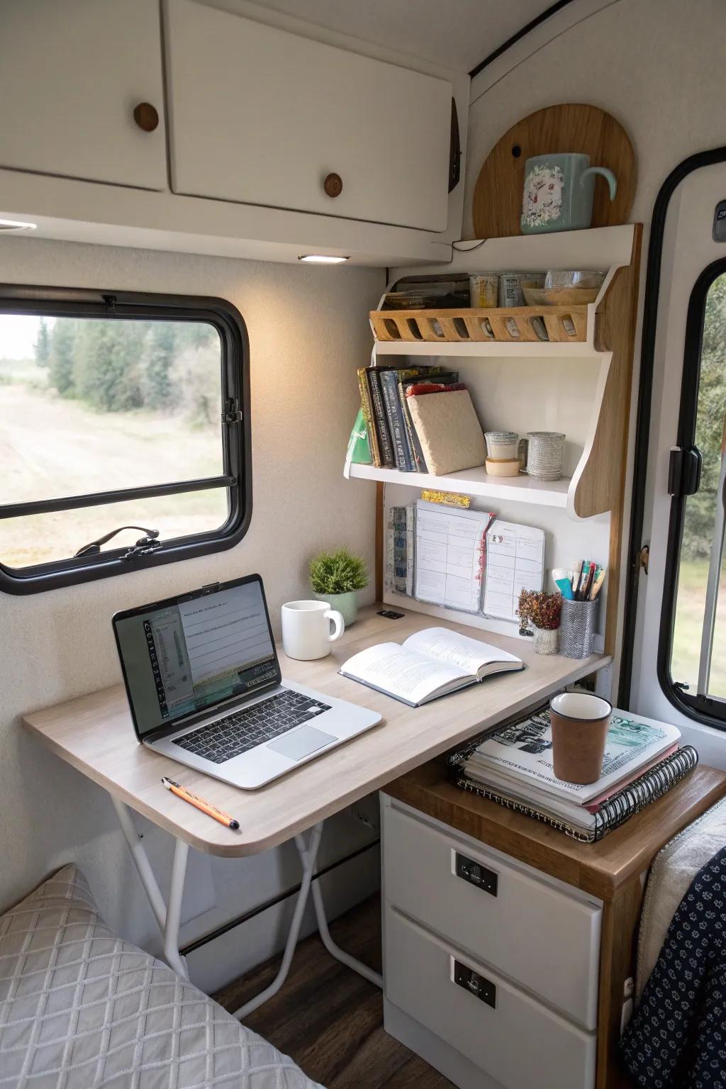 Turn your RV bathroom into an ingenious office space.