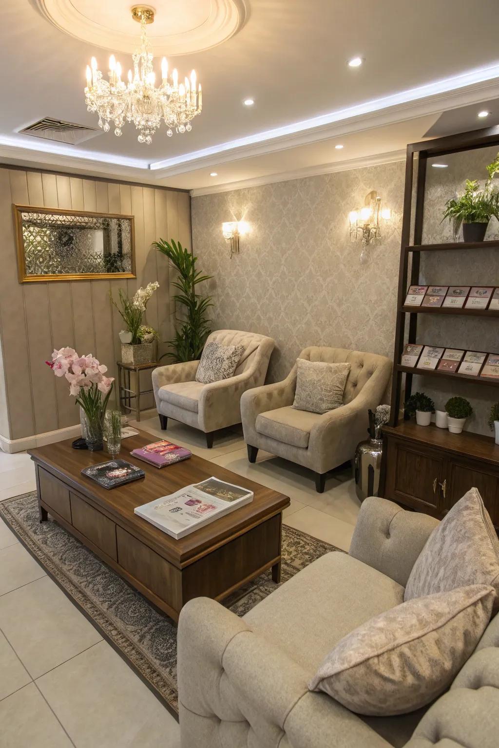 Luxurious elegance offers a sophisticated salon waiting area.