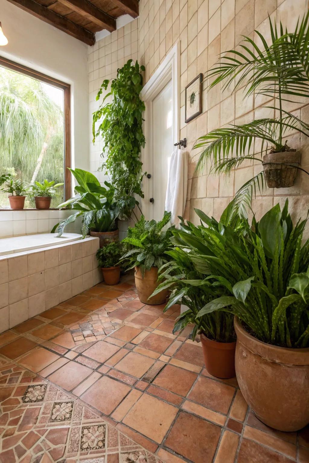 A bathroom featuring Saltillo tile flooring and vibrant green plant accents.