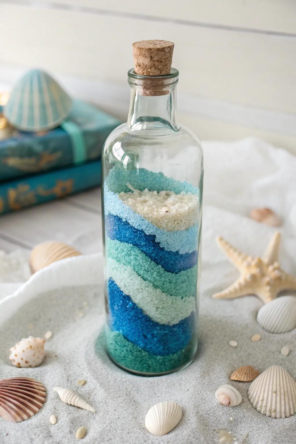 Dive into tranquility with this ocean-inspired sand art in a bottle, where simplicity meets the sea.