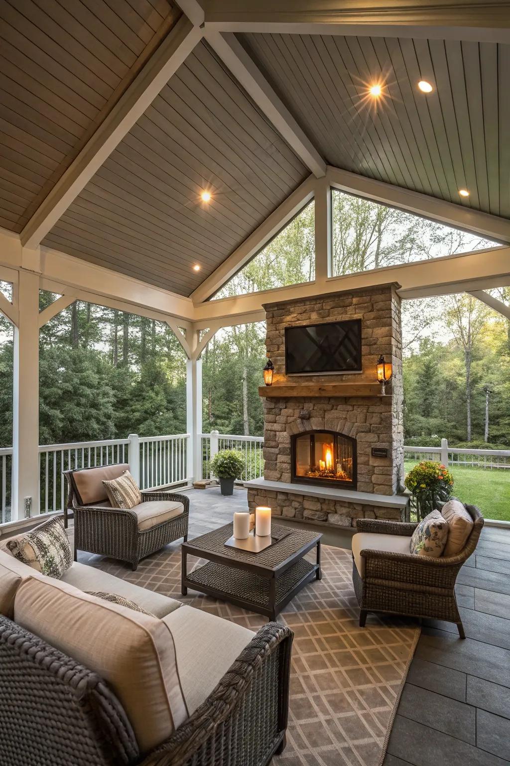 A fireplace adds warmth and charm to your screened porch.