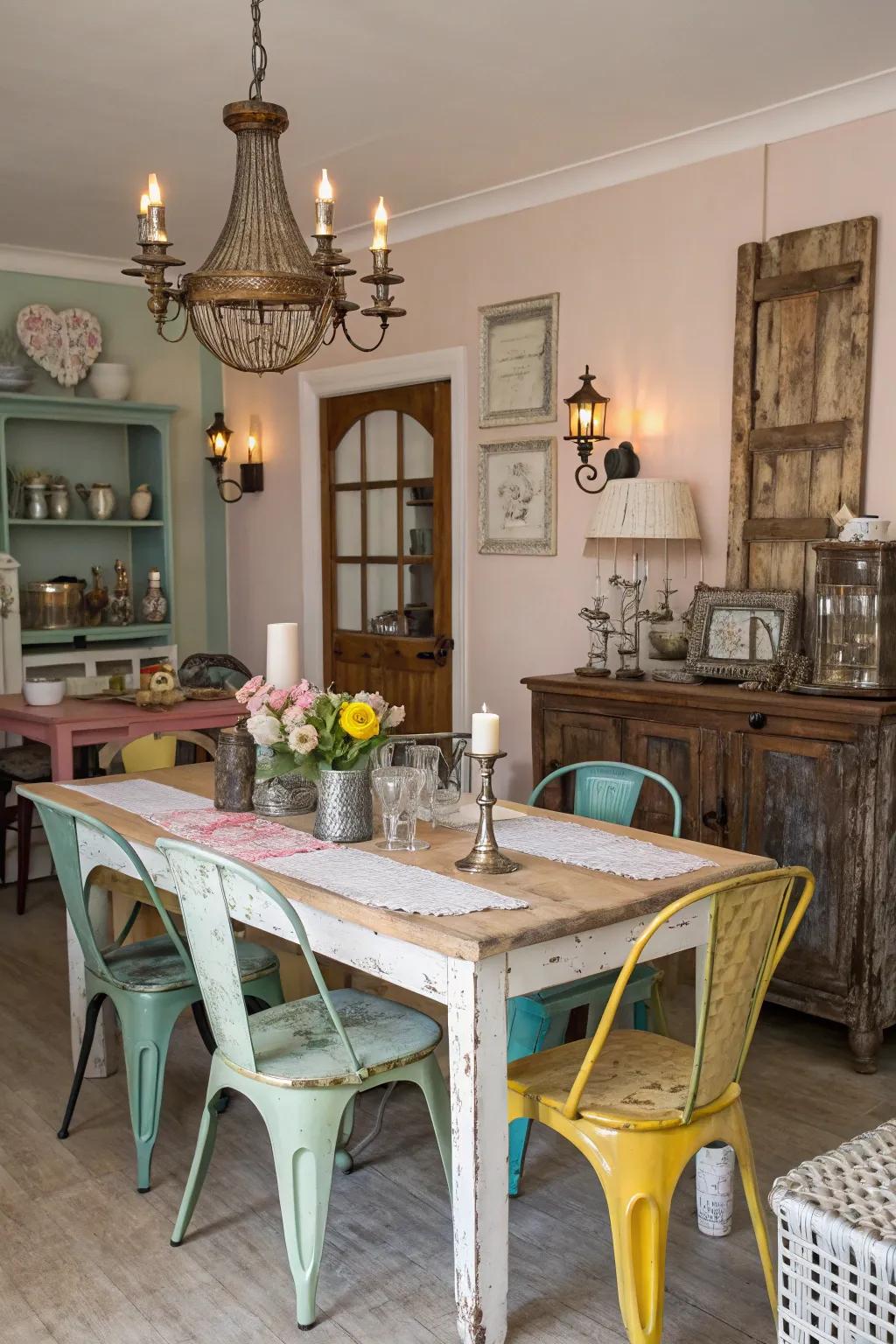 Mixed metal accents add a unique twist to a shabby chic dining room.