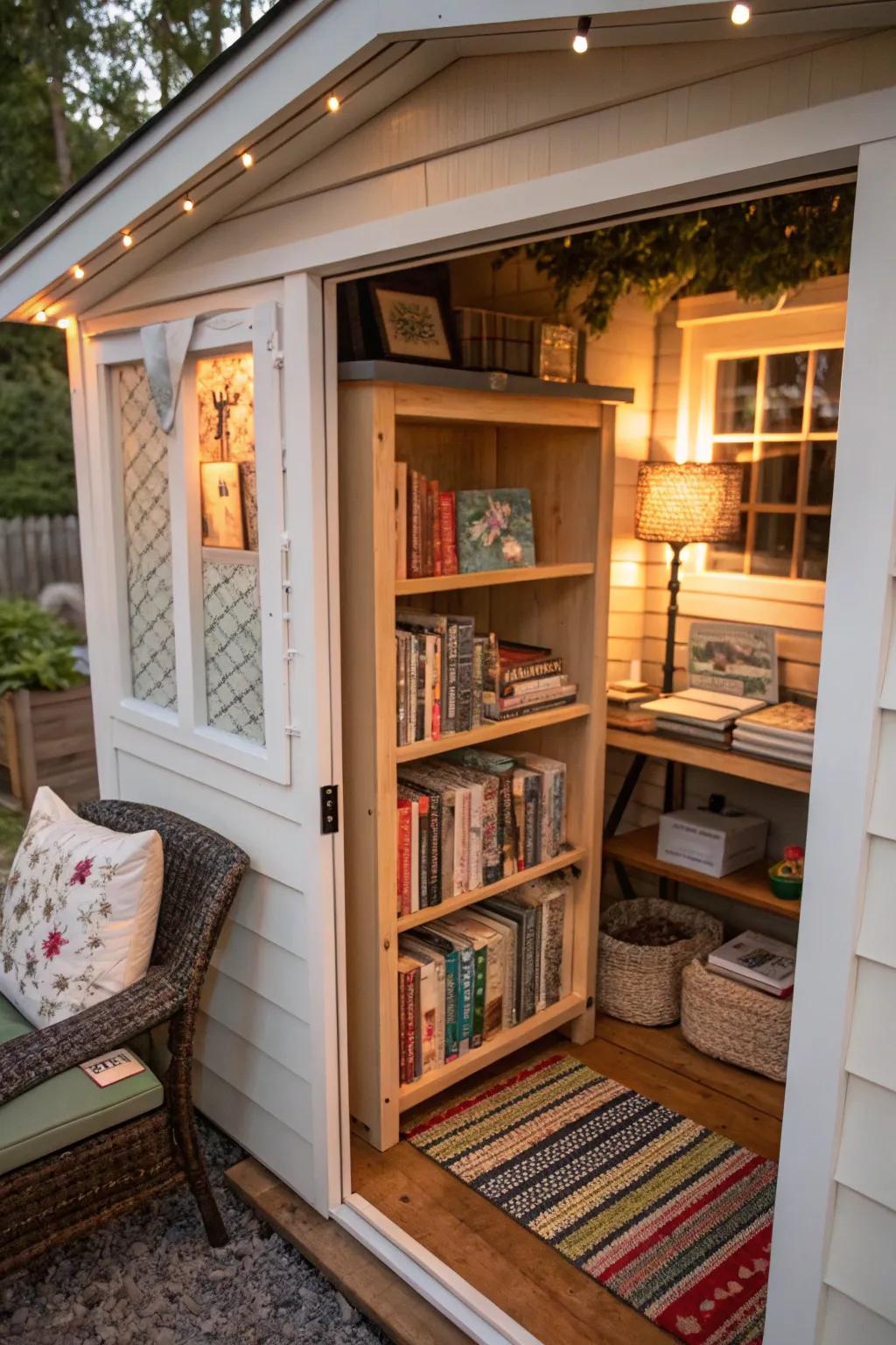 A mini library offers inspiration and relaxation in a she shed craft room.