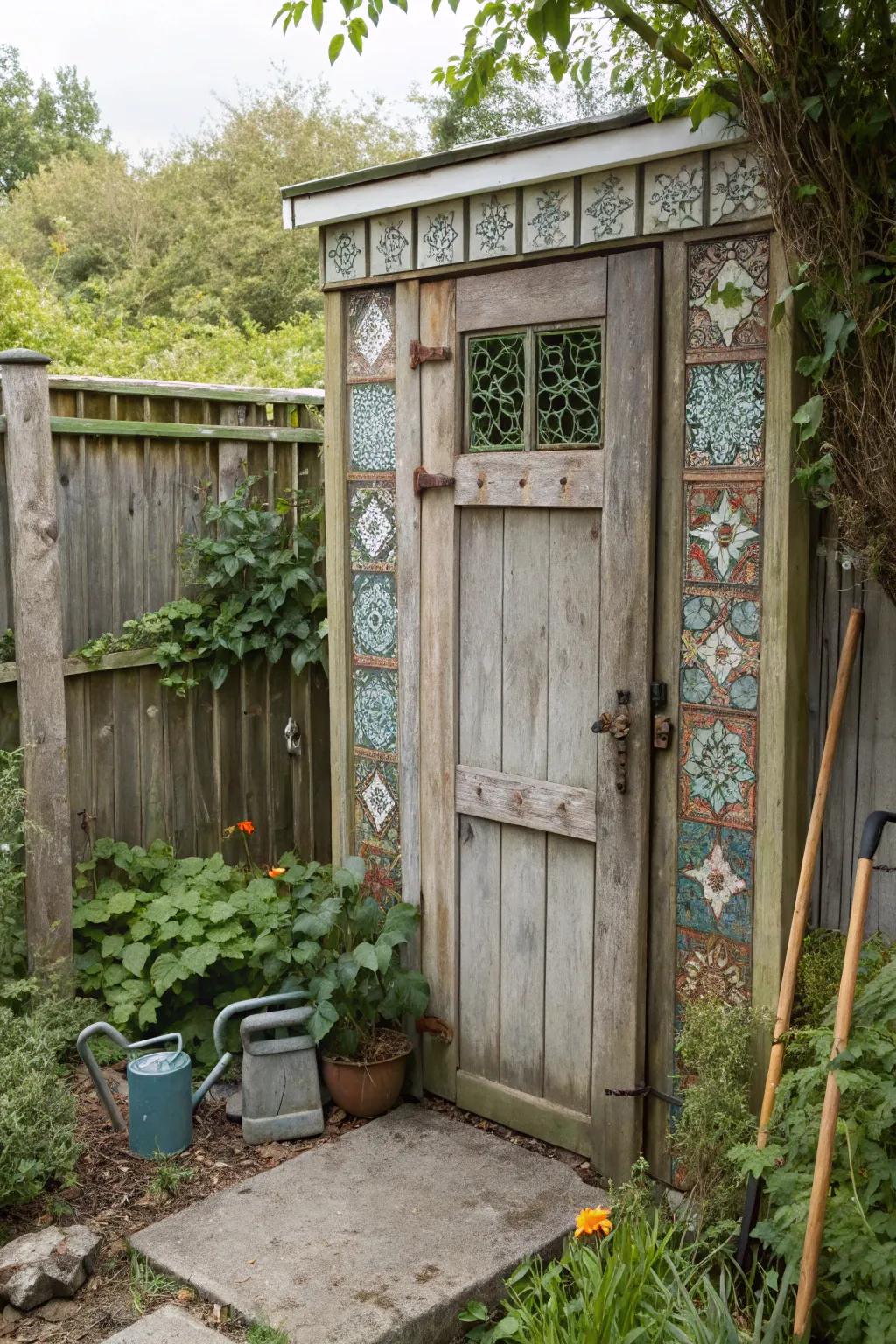 Vintage tin tiles add an antique charm to this shed door design.