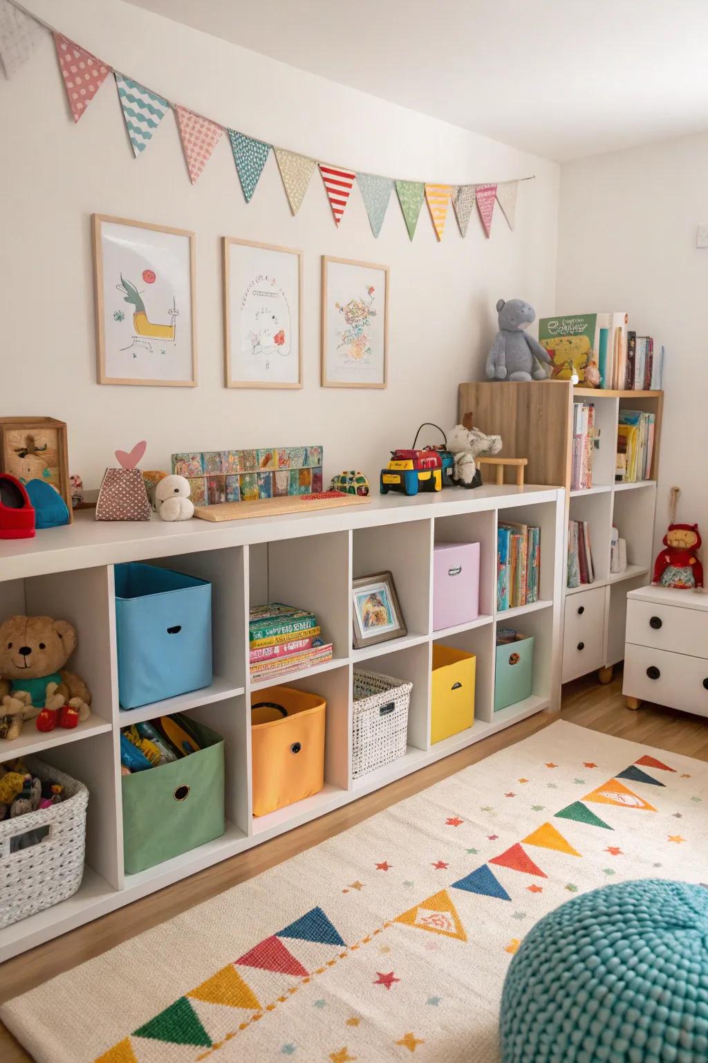 Styled toy storage on shelves keeps the room playful yet organized.