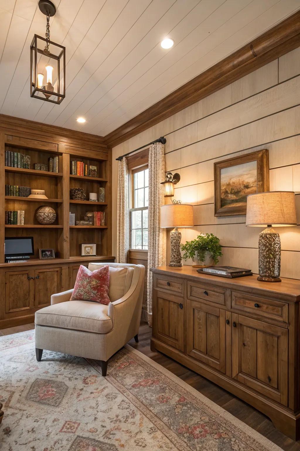 A sophisticated study featuring shiplap wainscoting.